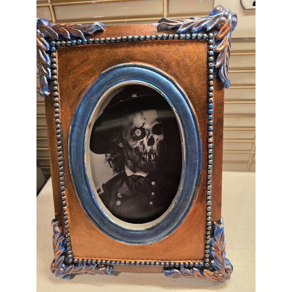 Ornate Halloween Picture Frame Horror Hologram Skeleton Copper Teal Frame